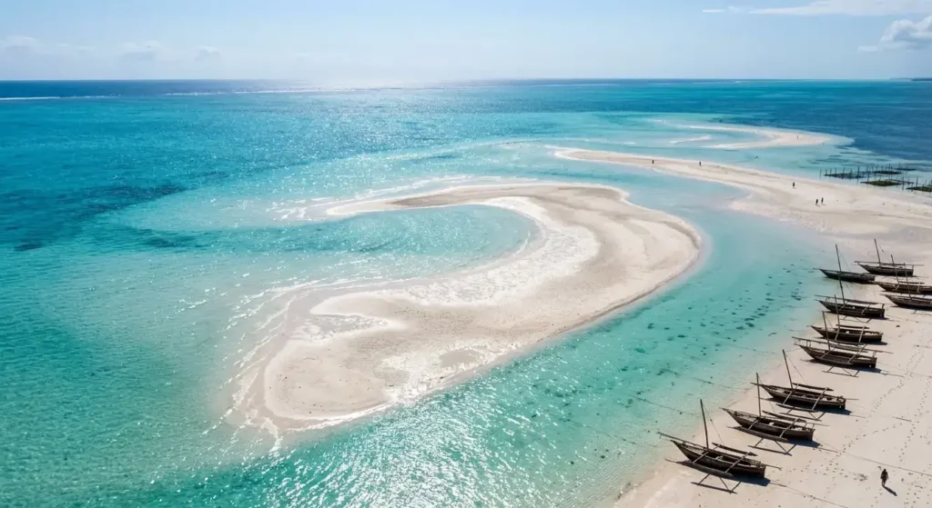 Aerial view of low tide sandbars in Paje showing the dynamic Zanzibar travel experience.