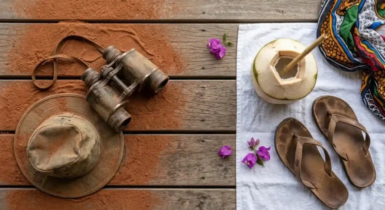 Safari binoculars and a sun hat next to a fresh coconut on a wooden deck in Zanzibar.