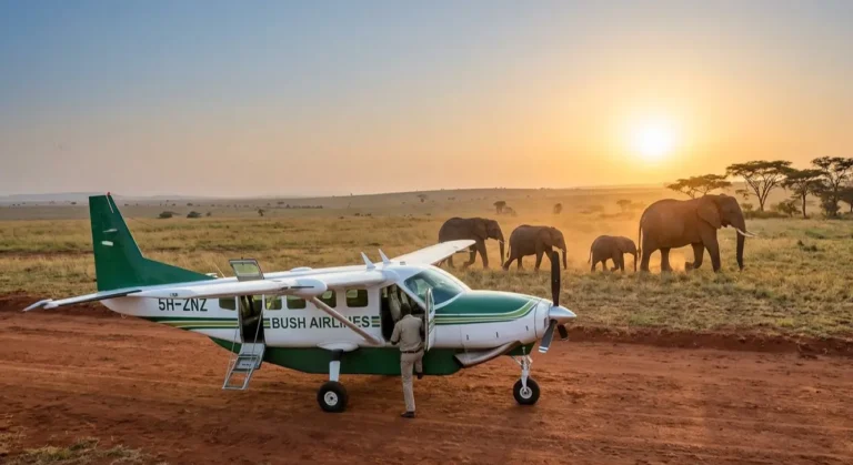 A small bush plane parked on a dirt airstrip in the Serengeti with elephants in the distance.