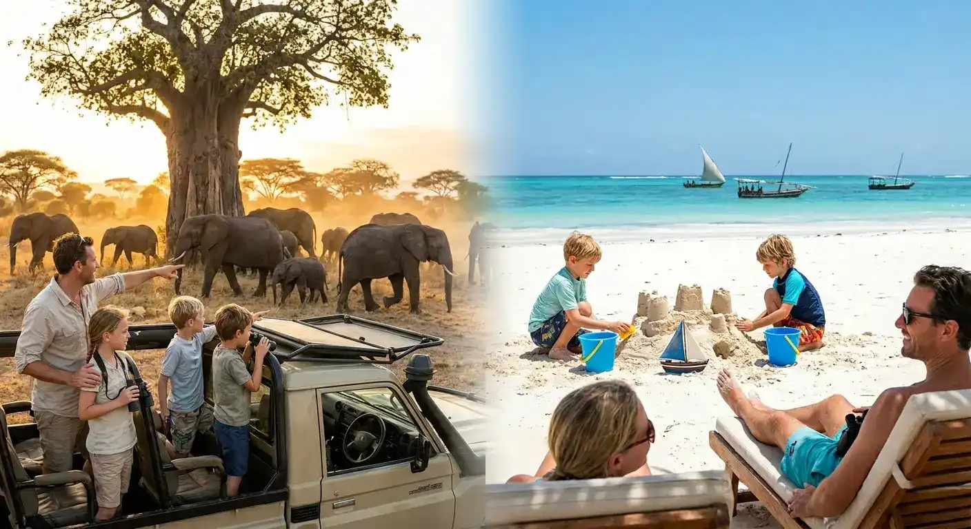 Family on a Tanzania safari watching elephants and playing on a Zanzibar beach with a dhow boat.