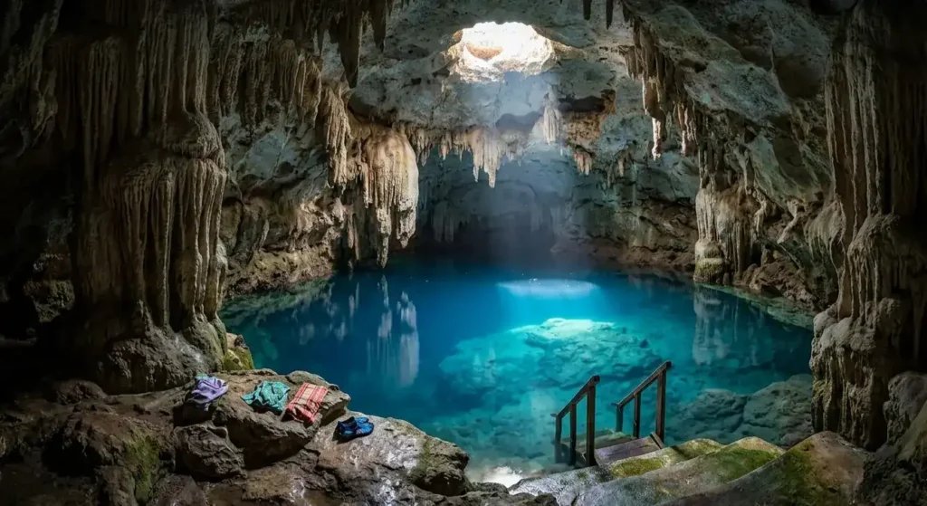 The glowing blue freshwater pool inside the limestone Kuza Cave near Paje, Zanzibar.