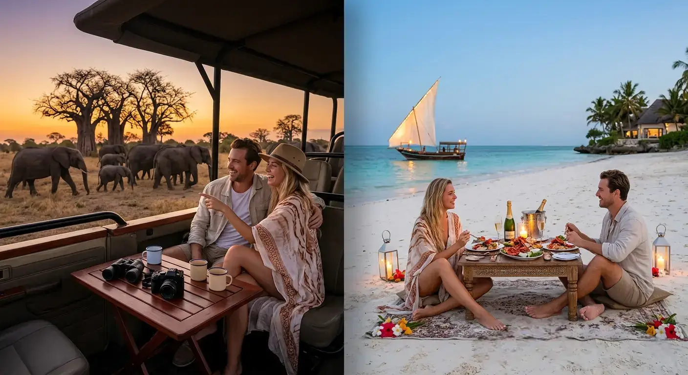 Couple on a Serengeti safari inside a vehicle and a romantic Zanzibar beach dinner with a dhow boat.