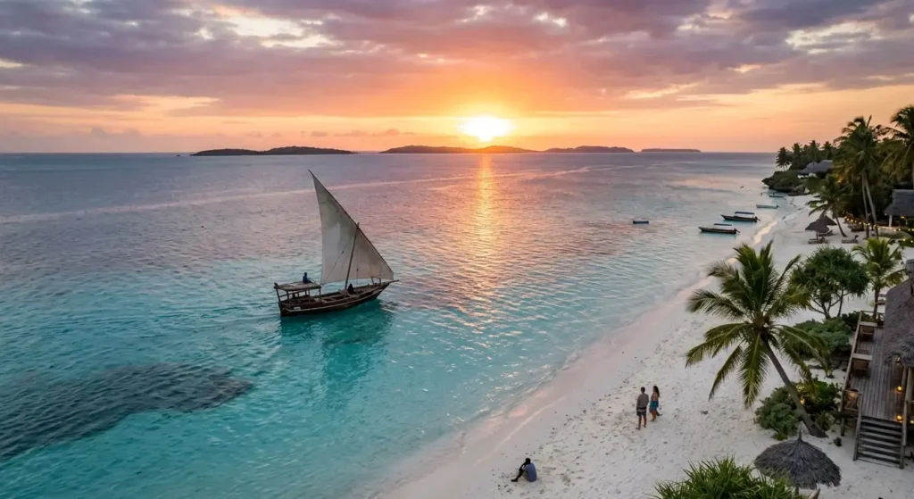 Traditional dhow boat sailing on turquoise Zanzibar waters at sunset near a white sand beach.