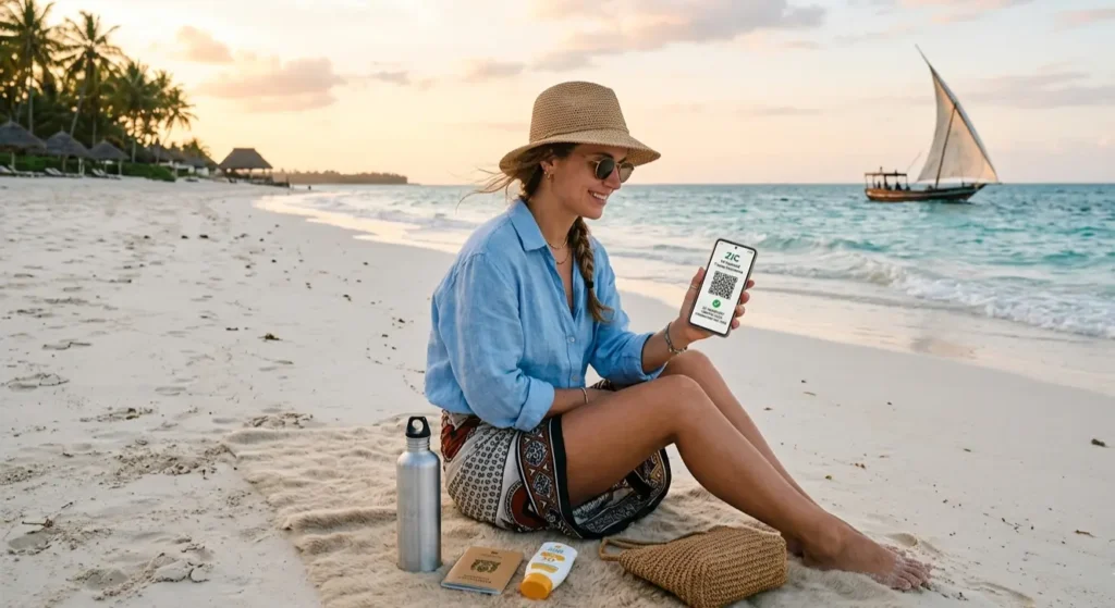 Relaxed traveler on a Zanzibar beach holding a phone with a ZIC insurance QR code, showing safety.