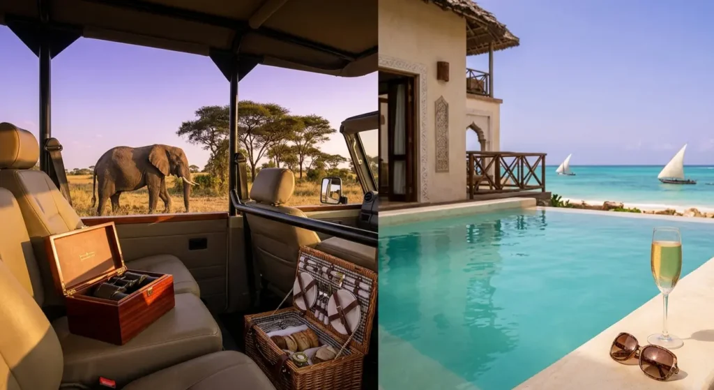 Luxury safari vehicle in Serengeti paired with an exclusive Zanzibar beach villa and infinity pool.