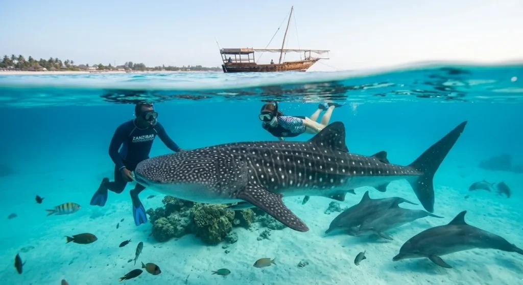 Underwater whale shark and dolphins, snorkeling at Mnemba Atoll, Zanzibar location.