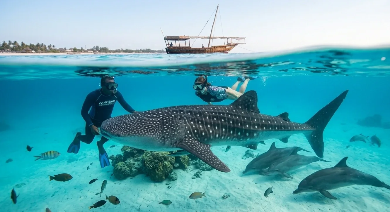 Underwater whale shark and dolphins, snorkeling at Mnemba Atoll, Zanzibar location.