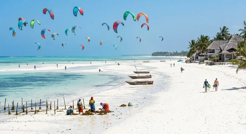 Paje Beach Zanzibar featuring colorful kitesurfing kites, seaweed farmers, and white sand lagoons.