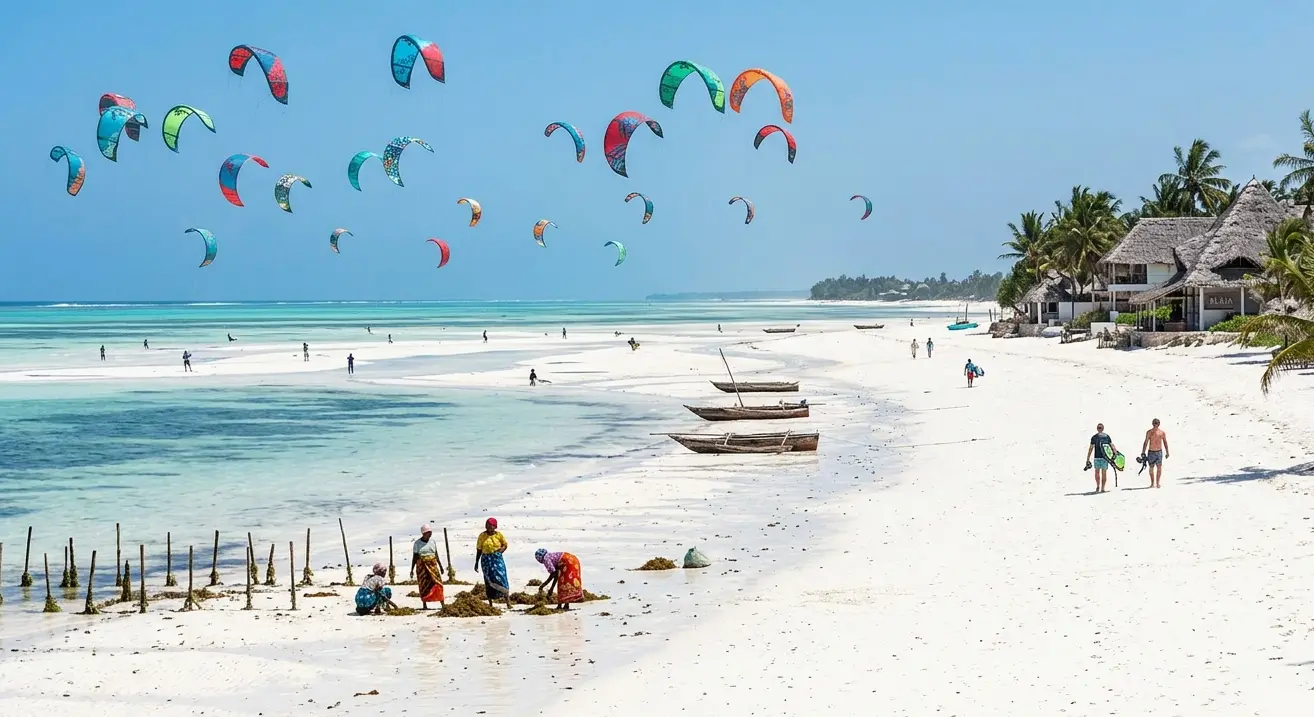 Paje Beach Zanzibar featuring colorful kitesurfing kites, seaweed farmers, and white sand lagoons.