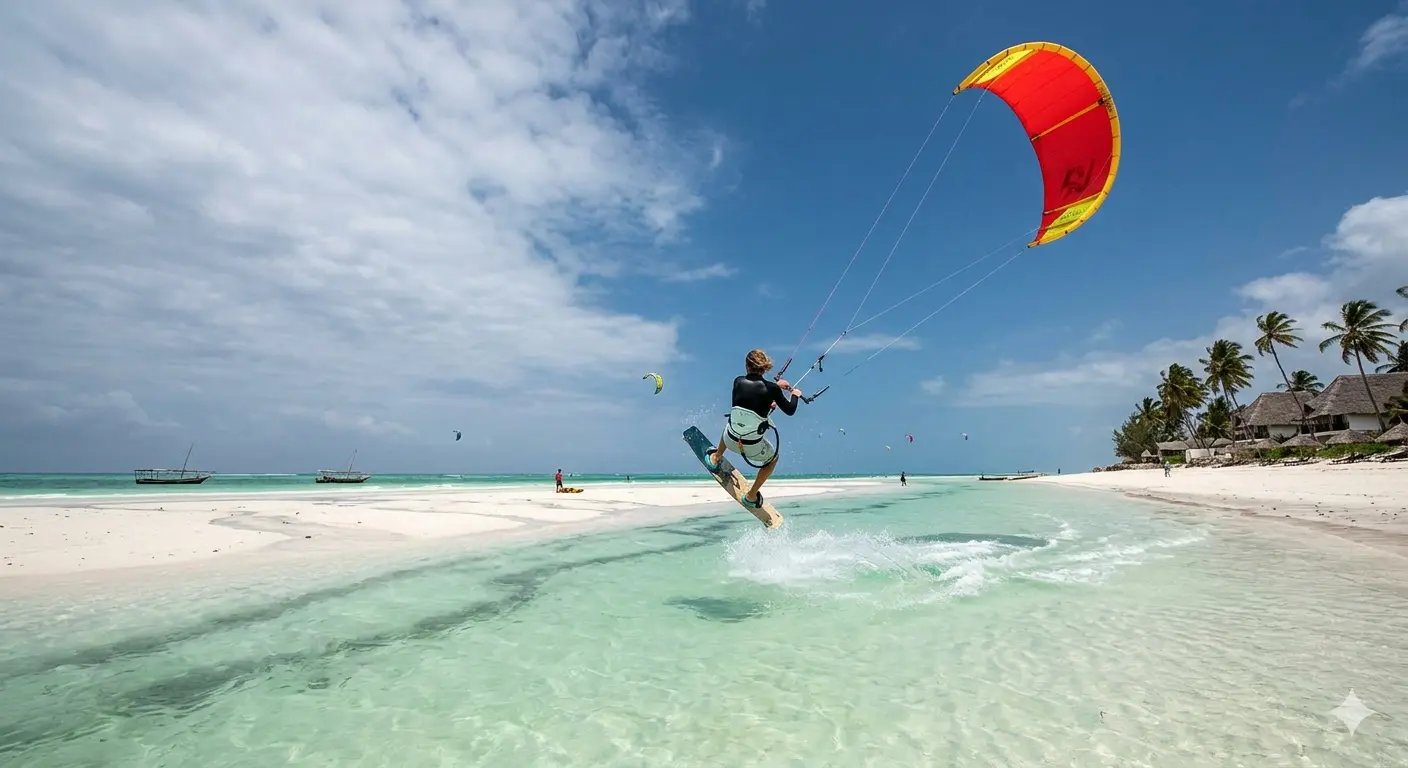 Kitesurfer jumping over the turquoise Paje lagoon in Zanzibar during the 2026 season.