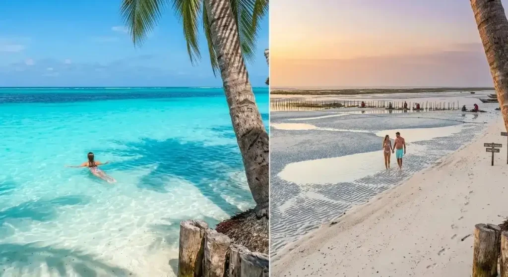 Split-screen comparison of Paje beach at high tide and low tide, illustrating the transformation.