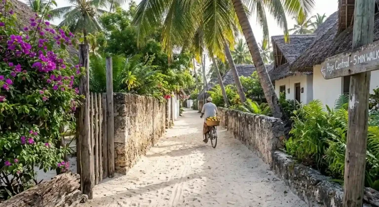 A scenic sand path lined with palm trees leading into the heart of Paje village.