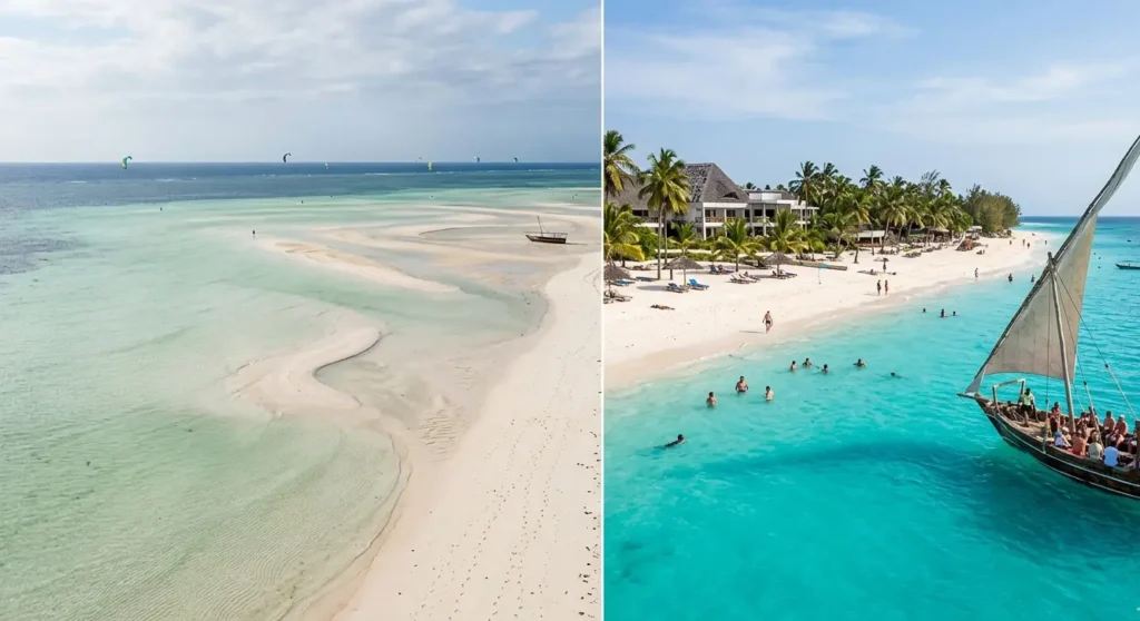 Split screen showing Paje low tide sandbars and Nungwi deep water beach for swimming comparison.