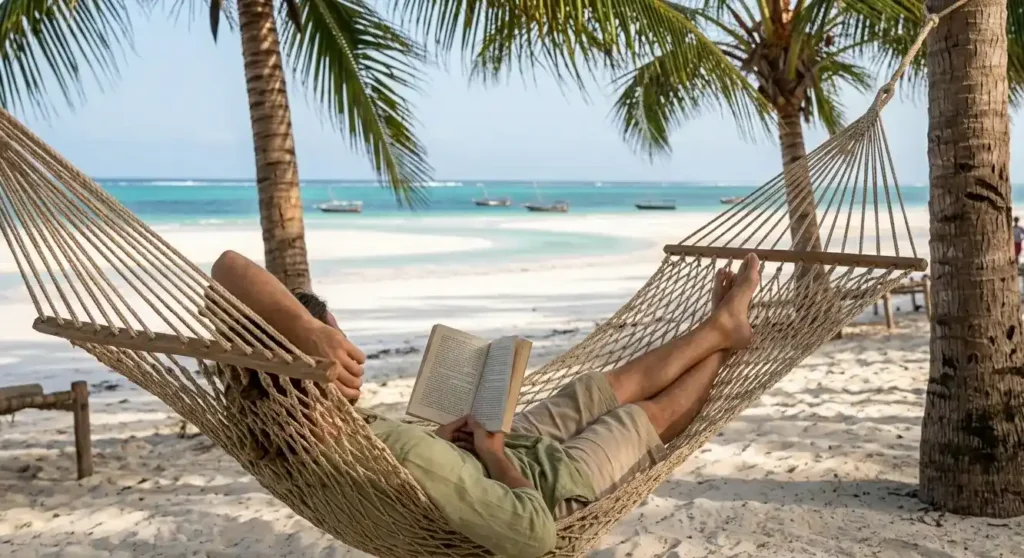 Person relaxing in a hammock on Paje beach, showcasing the authentic Pole Pole travel style.