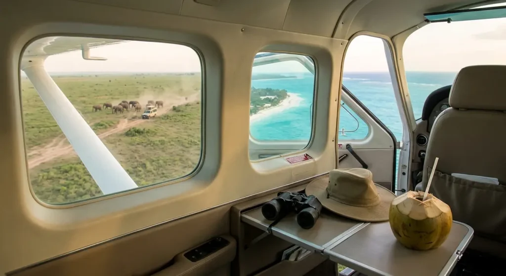 View from bush plane window of Serengeti elephants transitioning to Zanzibar turquoise ocean coast.