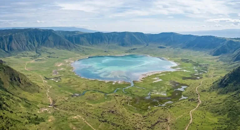 Aerial view of the Ngorongoro Crater green landscape, central lake, and surrounding caldera walls.