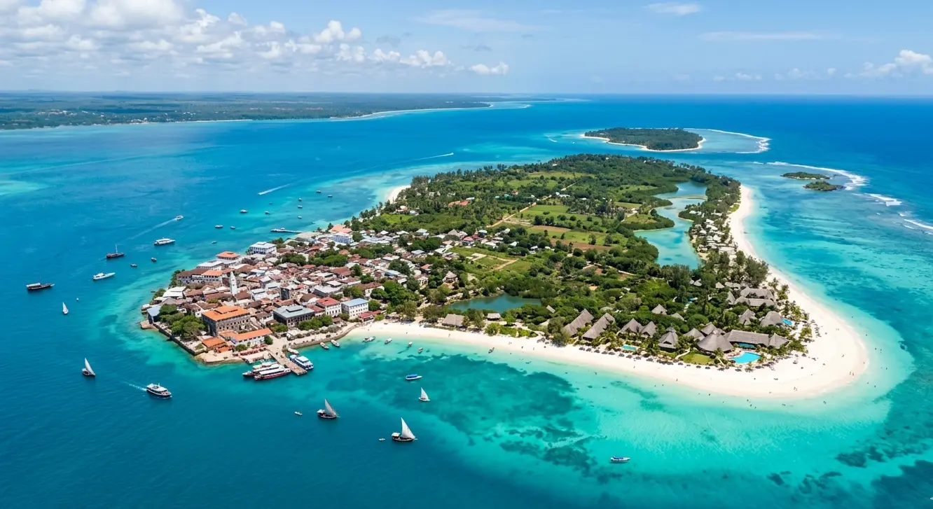 Zanzibar archipelago map location off the coast of Tanzania featuring turquoise ocean water