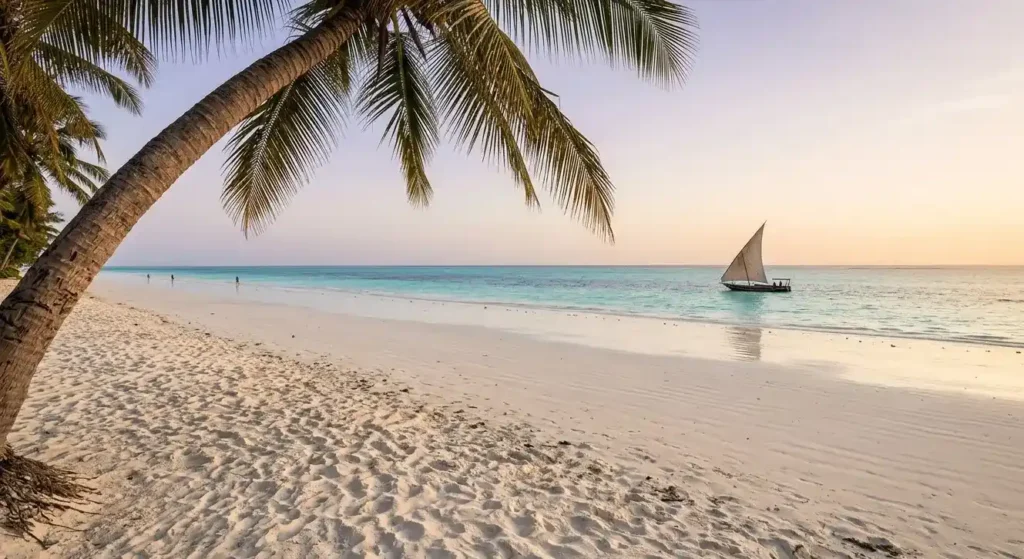 Wide-angle view of a secluded Zanzibar East Coast beach with a dhow sailing in the distance.