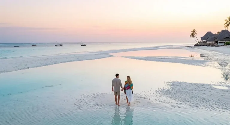 Drone view of a couple holding hands on a Paje sandbank at sunset during a Zanzibar beach holiday.
