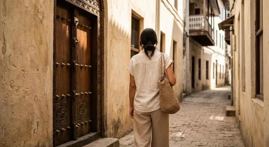 Traveler in modest linen clothes walking past a carved wooden door in Stone Town Zanzibar.
