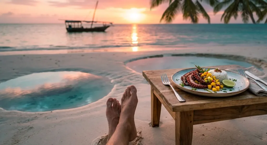 Barefoot dining on the sand at sunset, showing the Zanzibar East Coast luxury lifestyle.