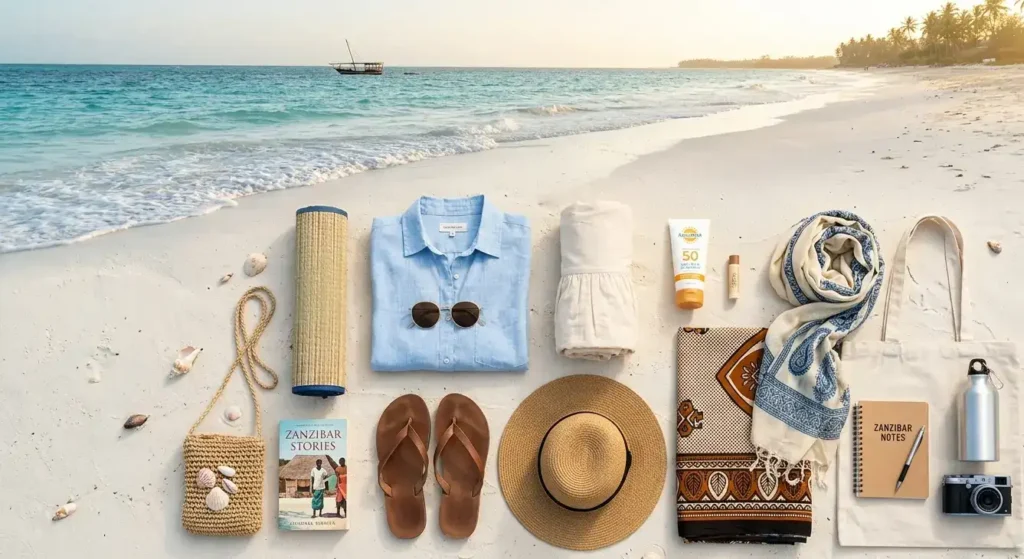 An elegant flat lay of Zanzibar beach packing list essentials arranged on white sand by the sea.