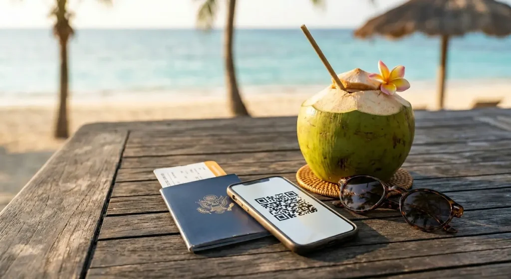 Passport, coconut, and phone with ZIC insurance QR code on a Zanzibar beach table.