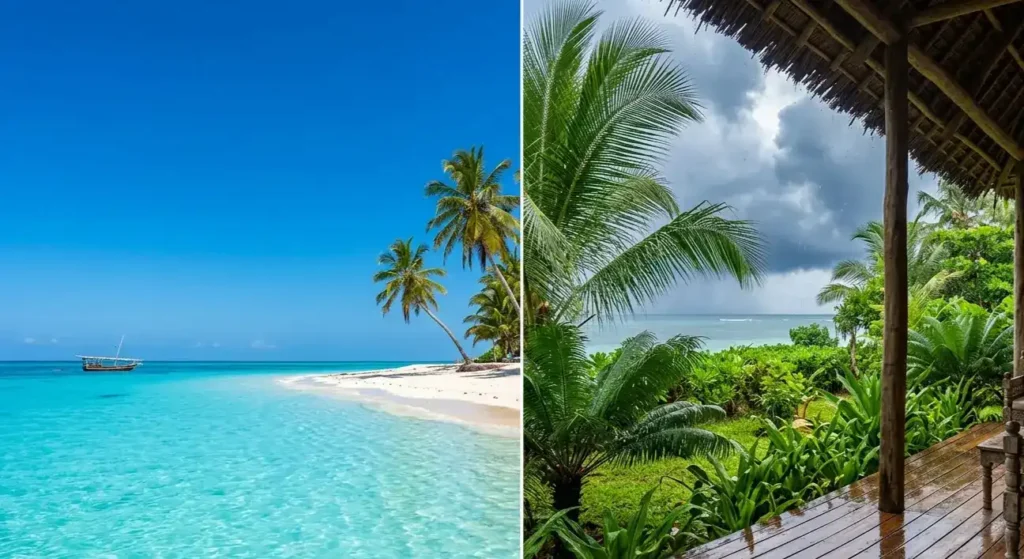 Split screen showing sun over Paje beach and palm trees in rain, illustrating Zanzibar's weather.