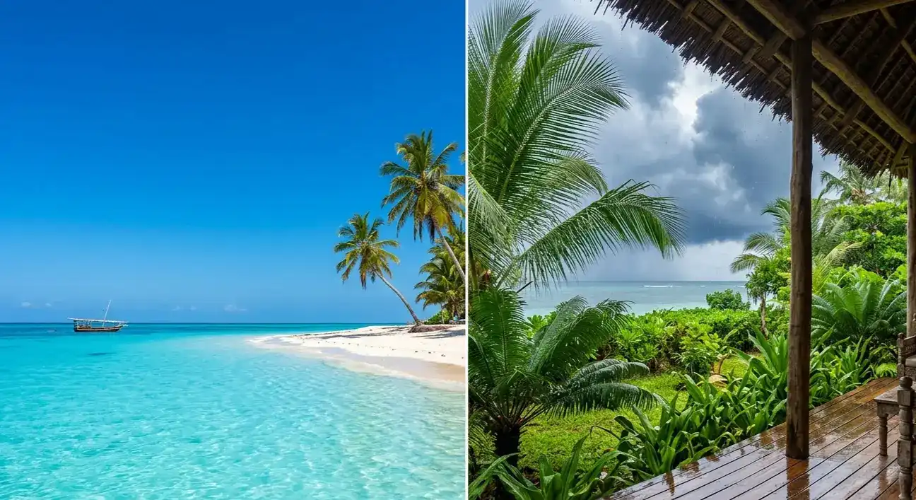 Split screen showing sun over Paje beach and palm trees in rain, illustrating Zanzibar's weather.