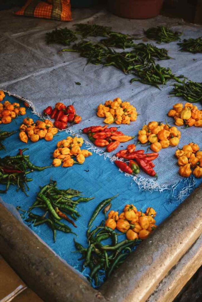 Bright red, yellow, and green chili peppers arranged on cloth at a Zanzibar market