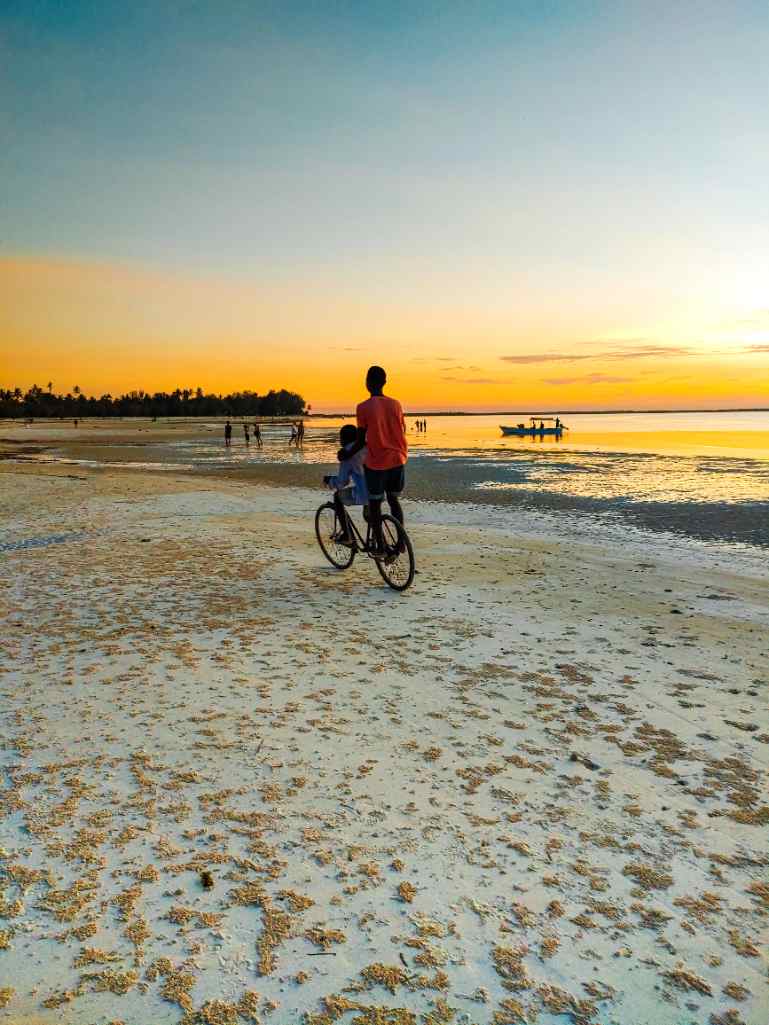 Two people riding a bicycle on a sandy beach at sunset in Michamvi Kae, Tanzania
